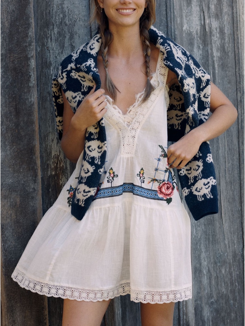 White Embroidered needlepoint lyrebird Lacey swing mini dress